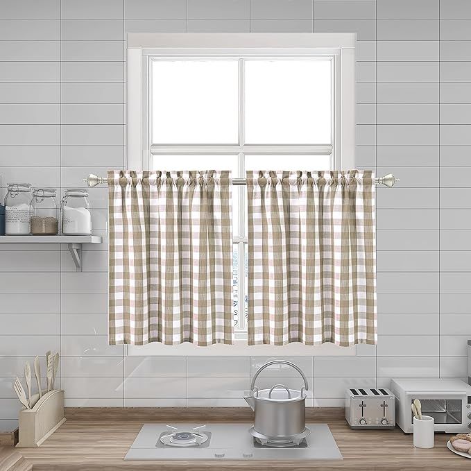 Beige Kitchen Cafe Curtains 45 Inches Length, Farmhouse Buffalo Check Pattern Short Bathroom Wind... | Amazon (US)