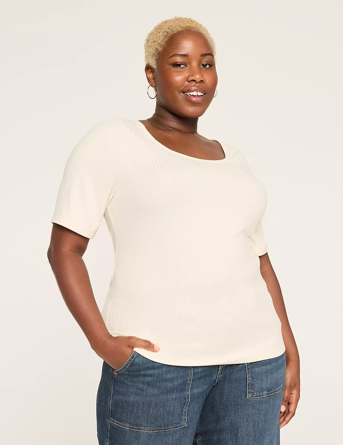 Rib Elbow-Sleeve Round-Neck Top | Lane Bryant (US)