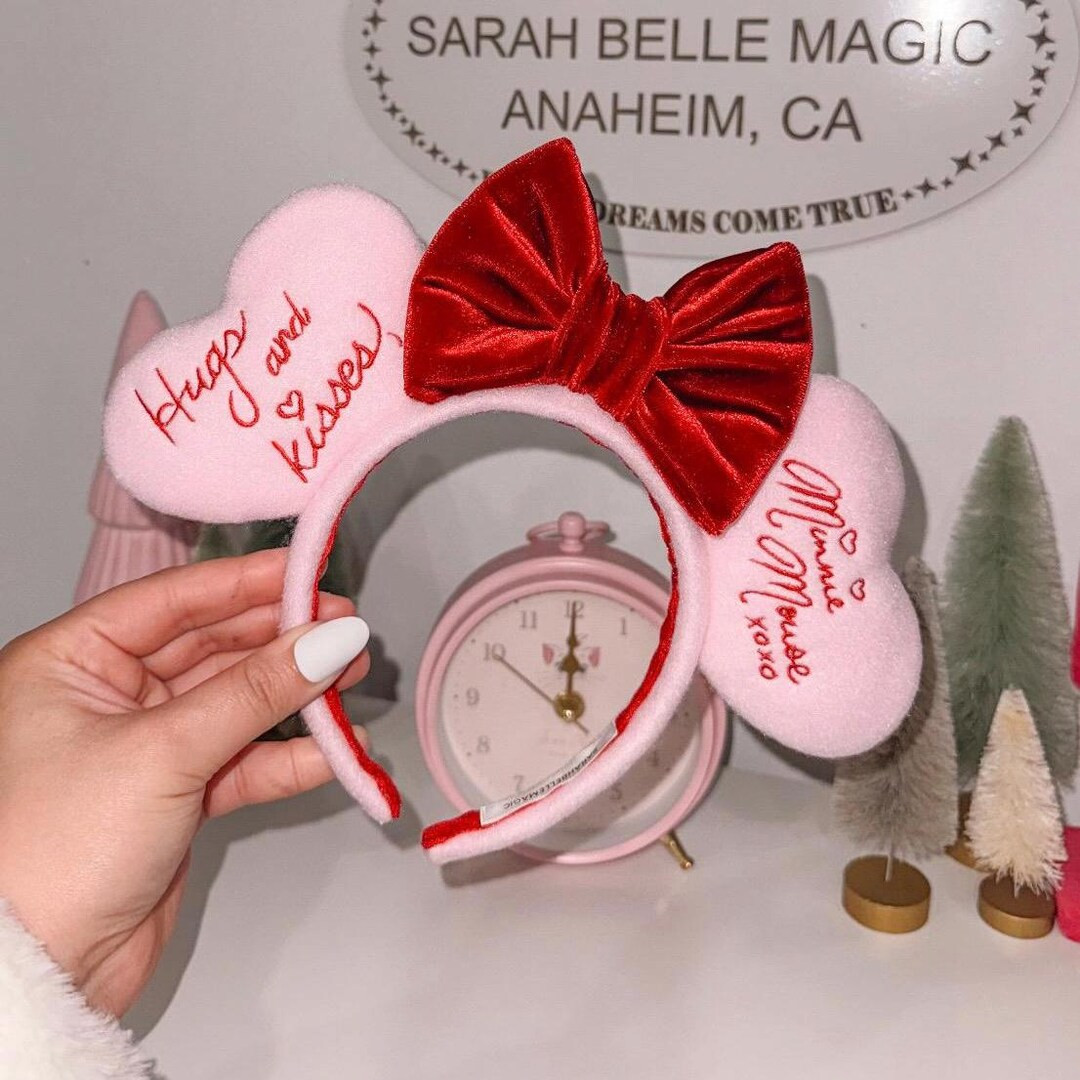 Embroidered Pink Candy Heart Ears With Red Bow Coquette Inspired Ears Headband Valentine Mouse Ea... | Etsy (US)