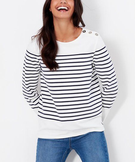 Joules Cream & Navy Stripe Button-Accent Seacombe Long-Sleeve Top - Women & Plus | Zulily