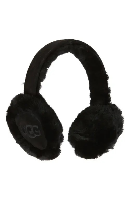 UGG(r) Logo Embroidered Genuine Shearling Earmuffs in Black at Nordstrom | Nordstrom