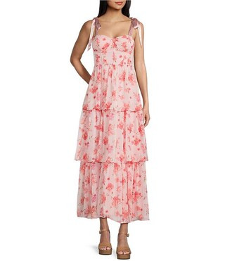 Chiffon Floral Printed Tie Shoulder Sweetheart Neck Tiered Maxi Dress | Dillard's