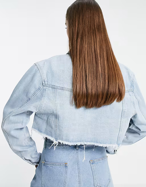 Fae boxy cropped oversized denim jacket with raw hem in light stone wash | ASOS (Global)