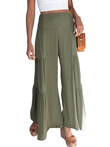 Eteviolet Boho Palazzo Pants for Women, Solid Tiered Wide Leg Flowy Pants Loose Fit (Green 1,XXL) | Amazon (US)