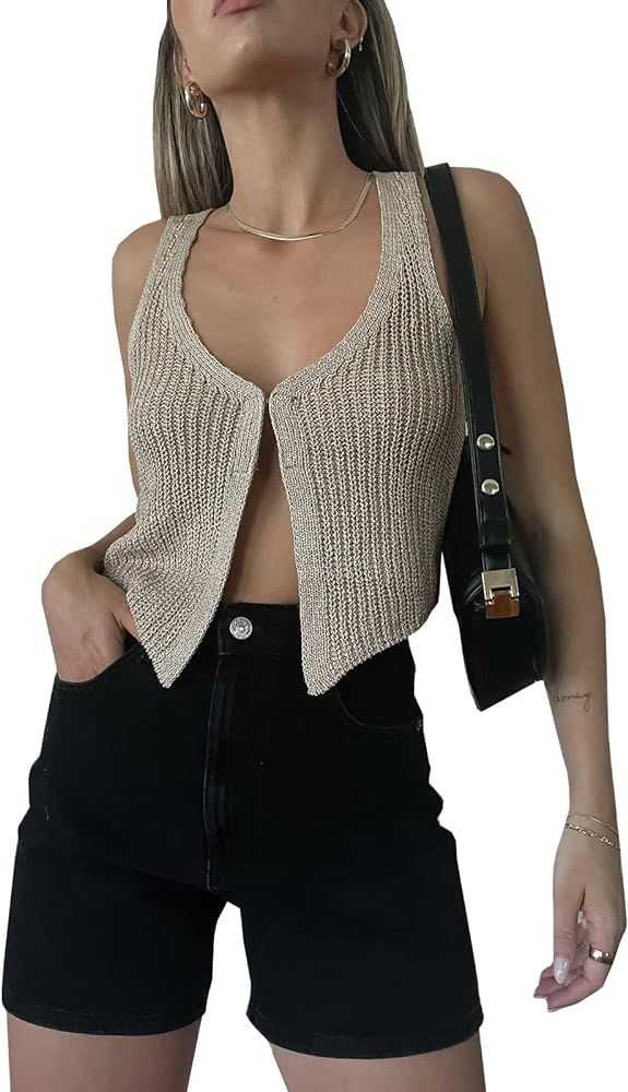 Women Summer Ribbed Crop Tank Tops Sleeveless Turtleneck Sweater Vest Teen Girls Slim Fit Crochet... | Amazon (US)