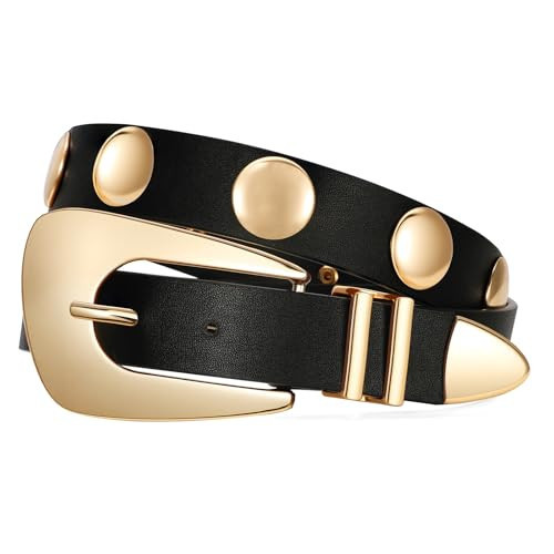 SUOSDEY Womens Gold Studded Leather Belt Fashion Punk Ladies Waist Belt with Gold Buckle | Amazon (US)
