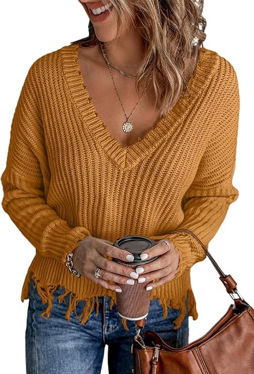 Sidefeel Women V-Neck Long Sleeve Loose Ripped Pullover Knit Sweater Crop Top | Amazon (US)