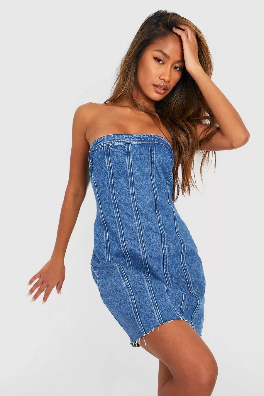 Seamed Bandeau Denim Corset Dress | boohoo (US & Canada)