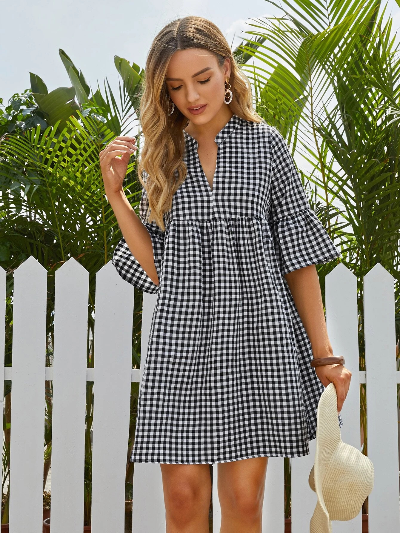 EMERY ROSE Notch Neck Flounce Sleeve Gingham Dress | SHEIN