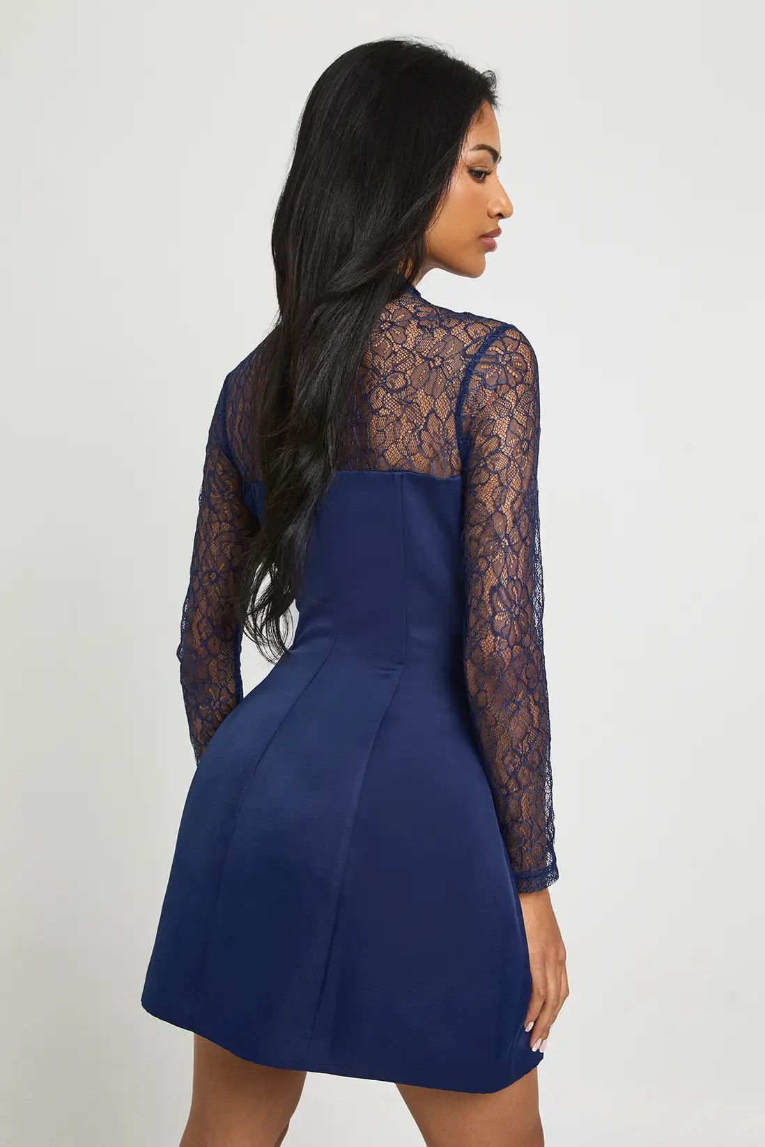 High Neck Lace Satin Structured Mini Dress | Boohoo.com (UK & IE)