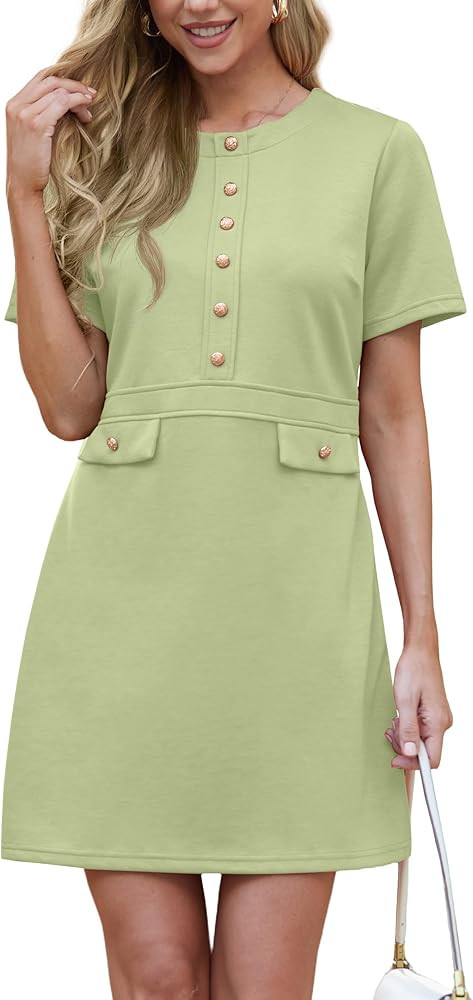 GRECERELLE Women's Summer Short Sleeve Button Crew Neck Elegant Business Work Bodycon Mini Short ... | Amazon (US)