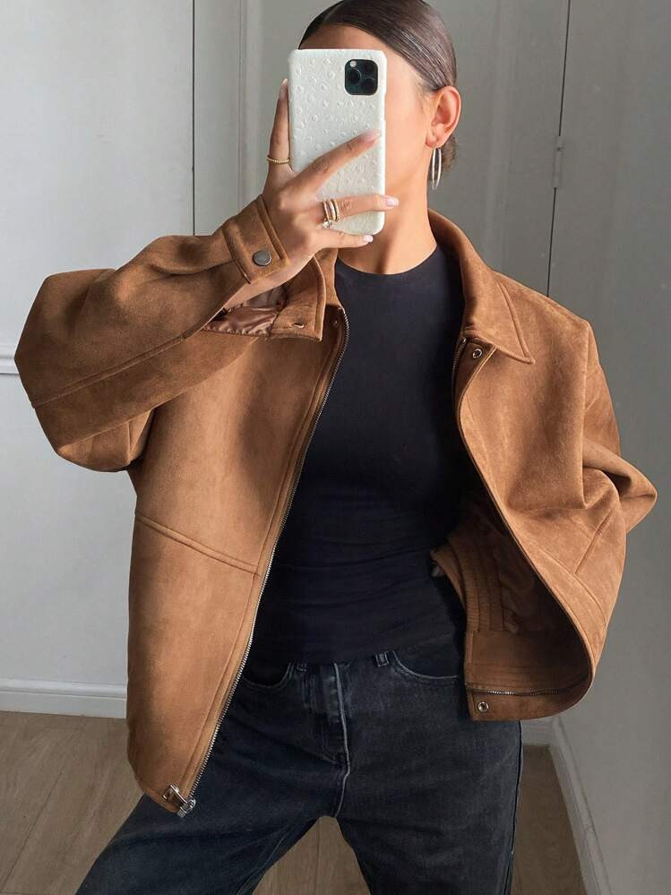 DAZY Women's Solid Color Loose Suede Fleece Jacket, Long Sleeve Lapel Pocket,Fall Clothes,Back To... | SHEIN