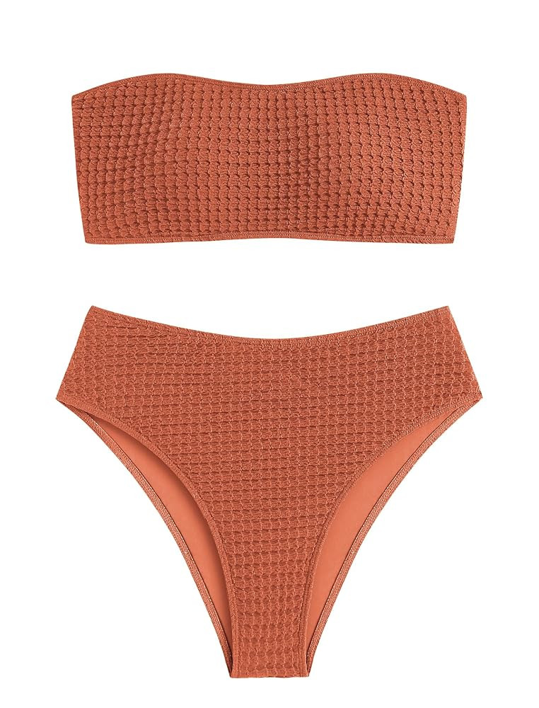 ZAFUL Women's High Cut Bandeau Bikini Set Strapless Solid Color 2 Pieces Bathing Suit Swimsuit | Amazon (US)