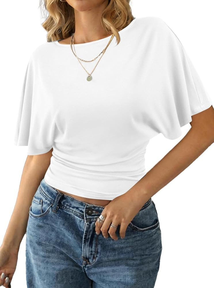 Remidoo Women's Cinched Waist Top Batwing Short Sleeve Tee Ruched T Shirt | Amazon (US)