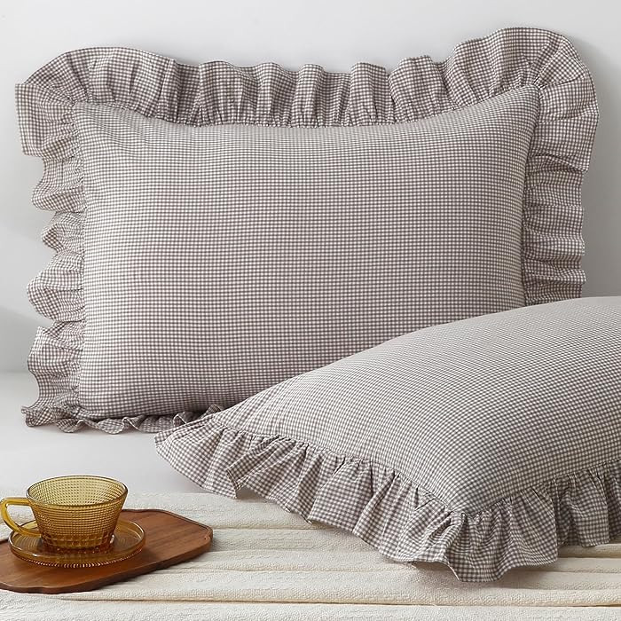 Aryeleay 2 Pack Brown White Plaid Ruffle Throw Pillow Covers, 100% Cotton Gingham Checkered Farmh... | Amazon (US)