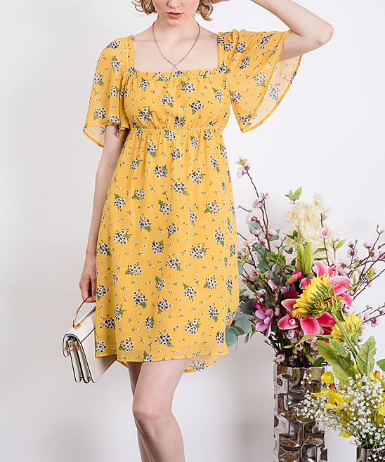 Avenue Hill Women's Casual Dresses YELLOW - Yellow Floral Square Neck Peasant Dress - Women | Zulily