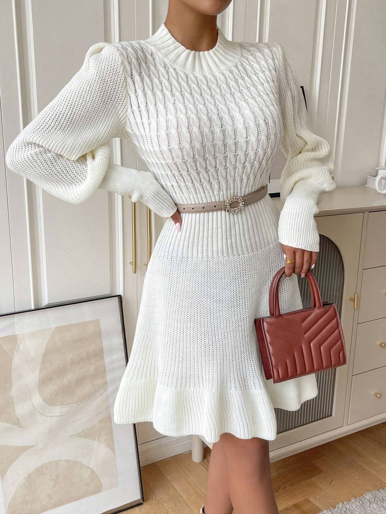 SHEIN Essnce Cable Knit Lantern Sleeve Ruffle Hem Sweater Dress Without Belt | SHEIN