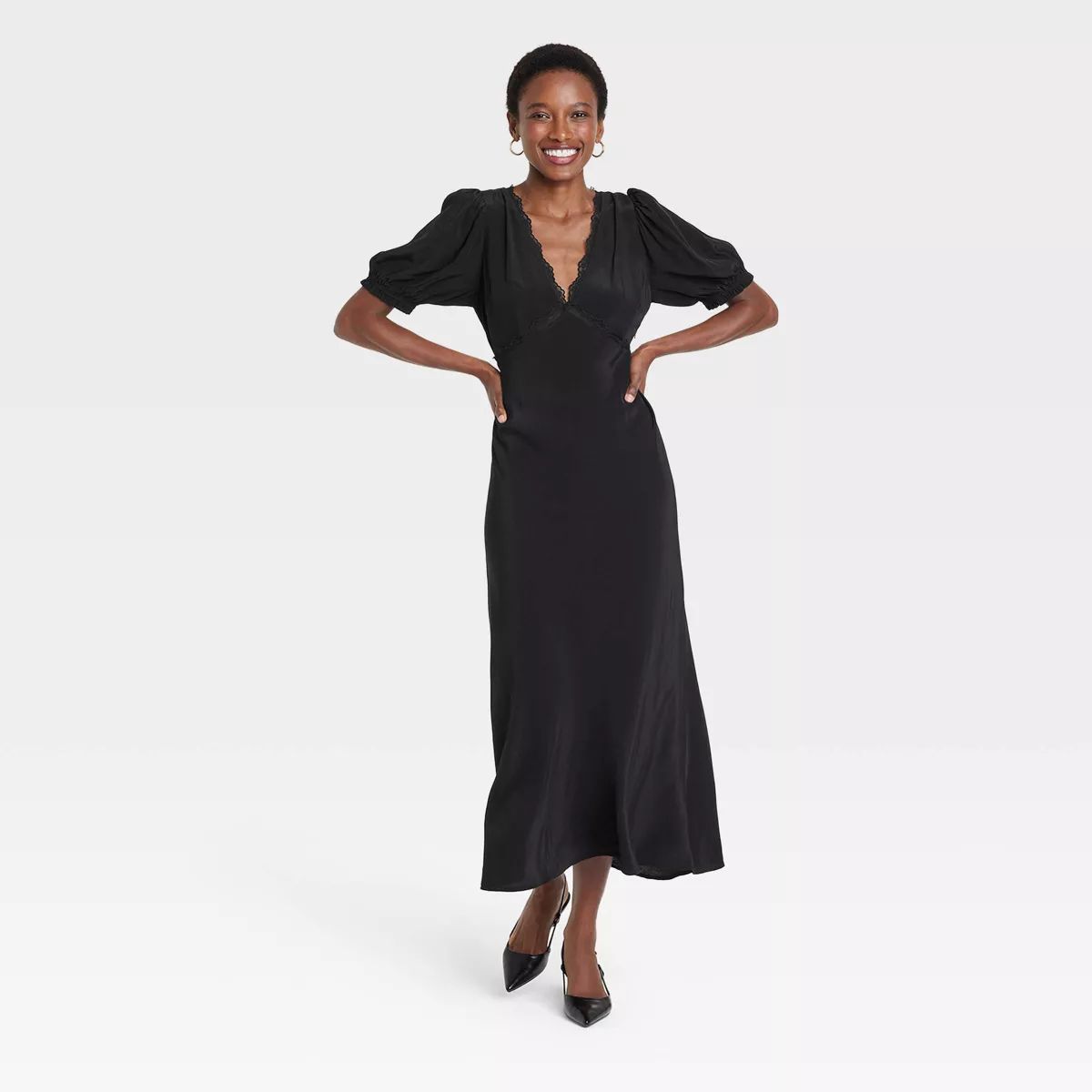 Women's Lace Puff Short Sleeve Maxi Dress - A New Day™ Black | Target