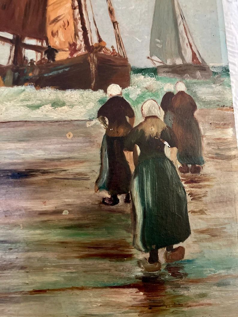 Antique Oil Painting Ships at Sea 1900  Dutch Women Greeting  ~ 11 x 24" | Etsy (US)