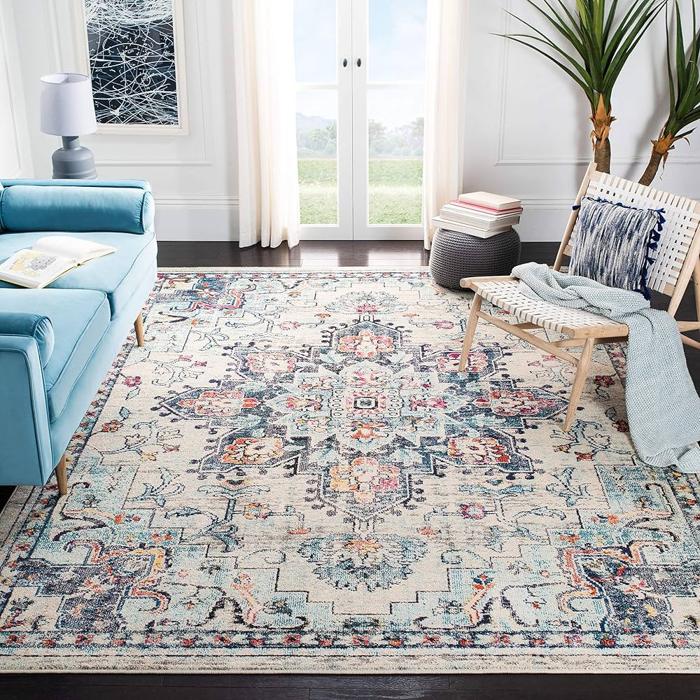 SAFAVIEH Madison Collection Area Rug - 9' x 12', Cream & Blue, Boho Chic Medallion Distressed Des... | Amazon (US)