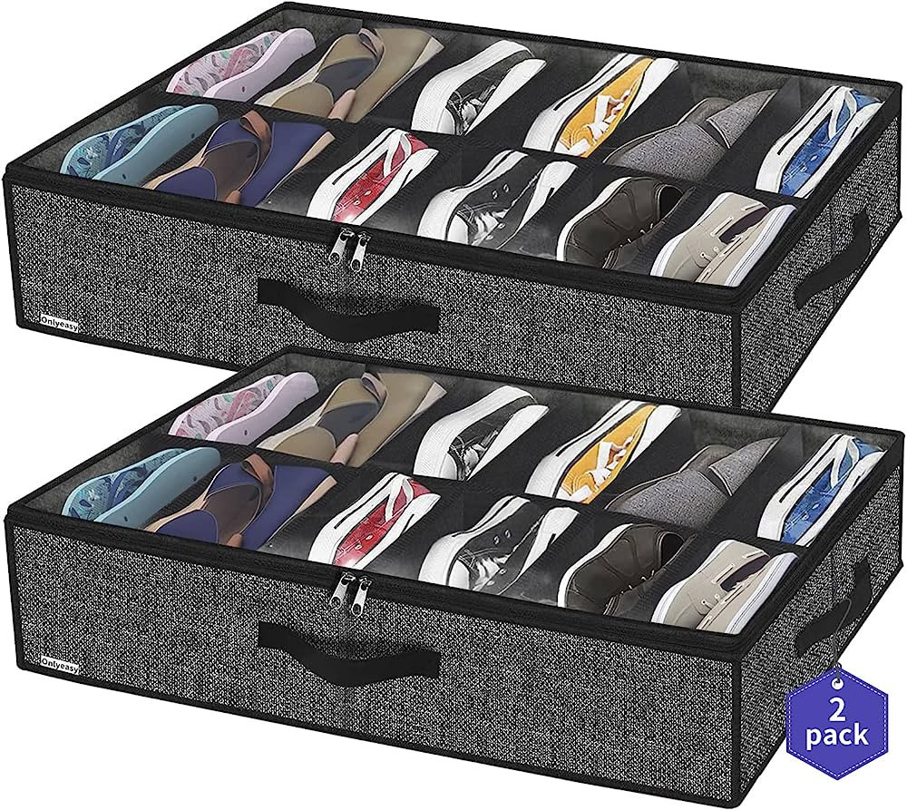 Onlyeasy Sturdy Under Bed Shoe Storage Organizer, Set of 2, Fits Total 24 Pairs, Underbed Shoes C... | Amazon (US)