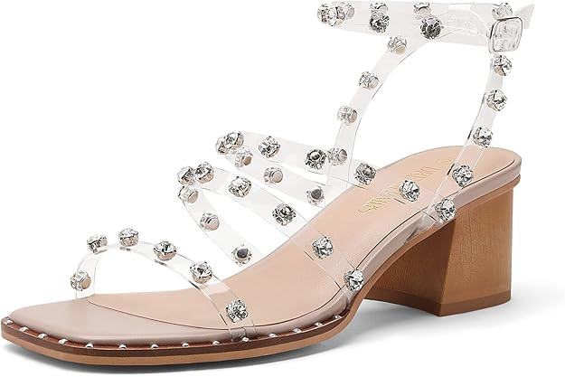 DREAM PAIRS Clear Studded Rhinestone Heels for Women Sexy Chunky Block Square Toe Heels Wedding S... | Amazon (US)