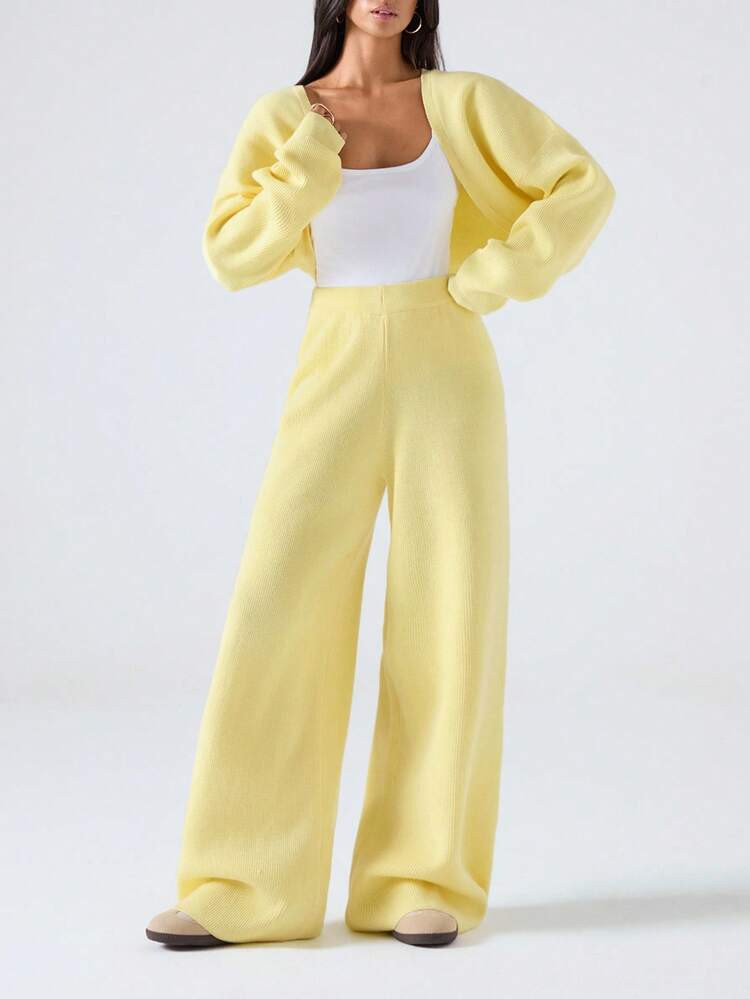 LYSMO 2025 New Arrive Minimalism Fall Women's Casual Solid Color Front Open Cardigan And Pants 2 Pieces Set, Autumn/Winter Butter Yellow Two Piece Set For Going Out Outfits, Back To School, Graduation, Streetwear, And Stockholm Style | SHEIN