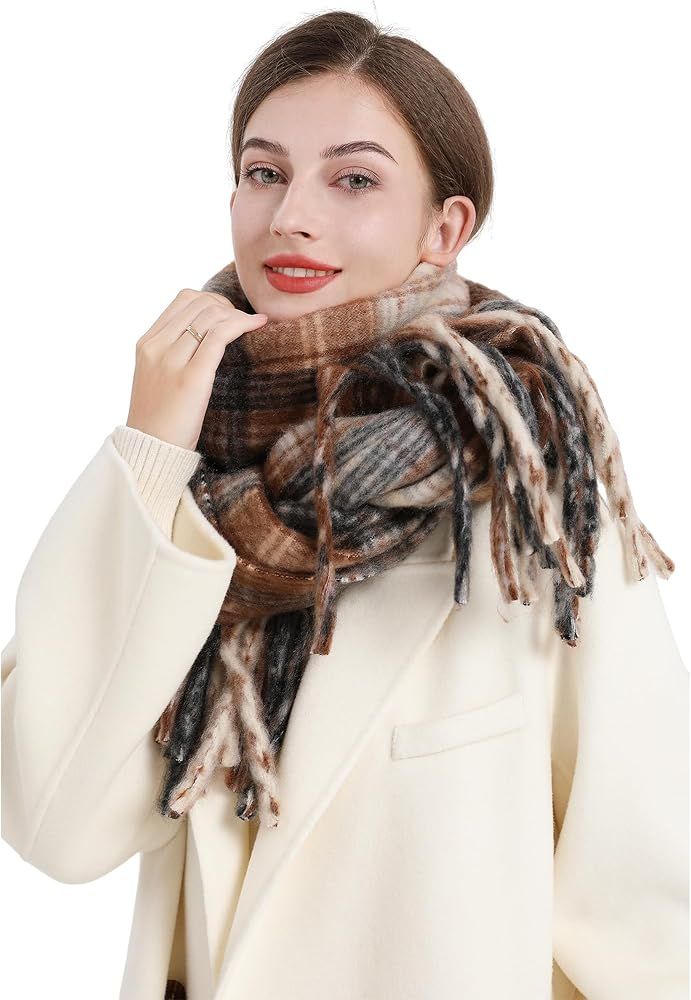 Bestshe Women's Winter Warm Scarf Plaid Tassel Soft Scarf Fashion Chunky Oversized Blanket Scarve... | Amazon (US)