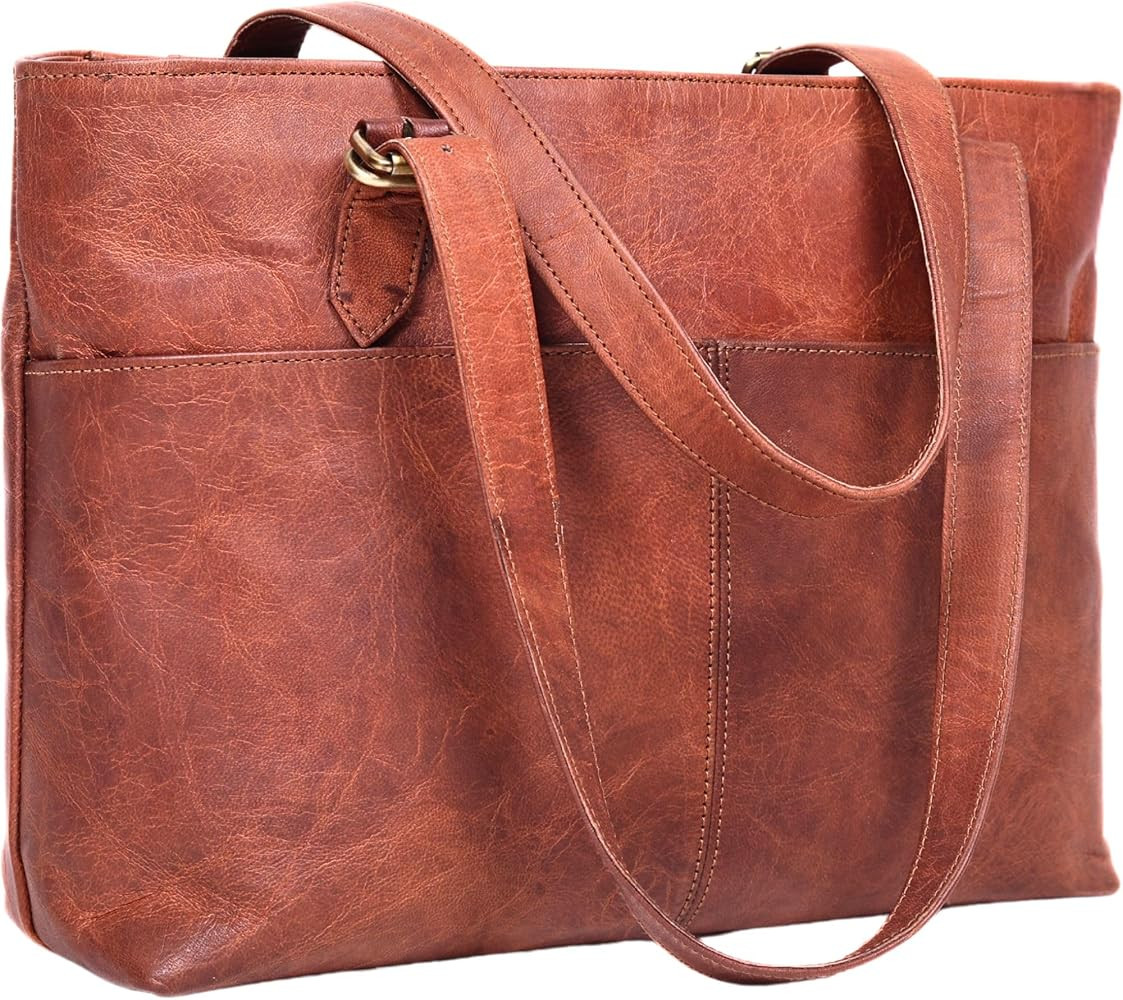 Genuine Leather Tote Bag for Women – 16" Brown Leather Work Bag with Zipper – Large Vintage S... | Amazon (US)