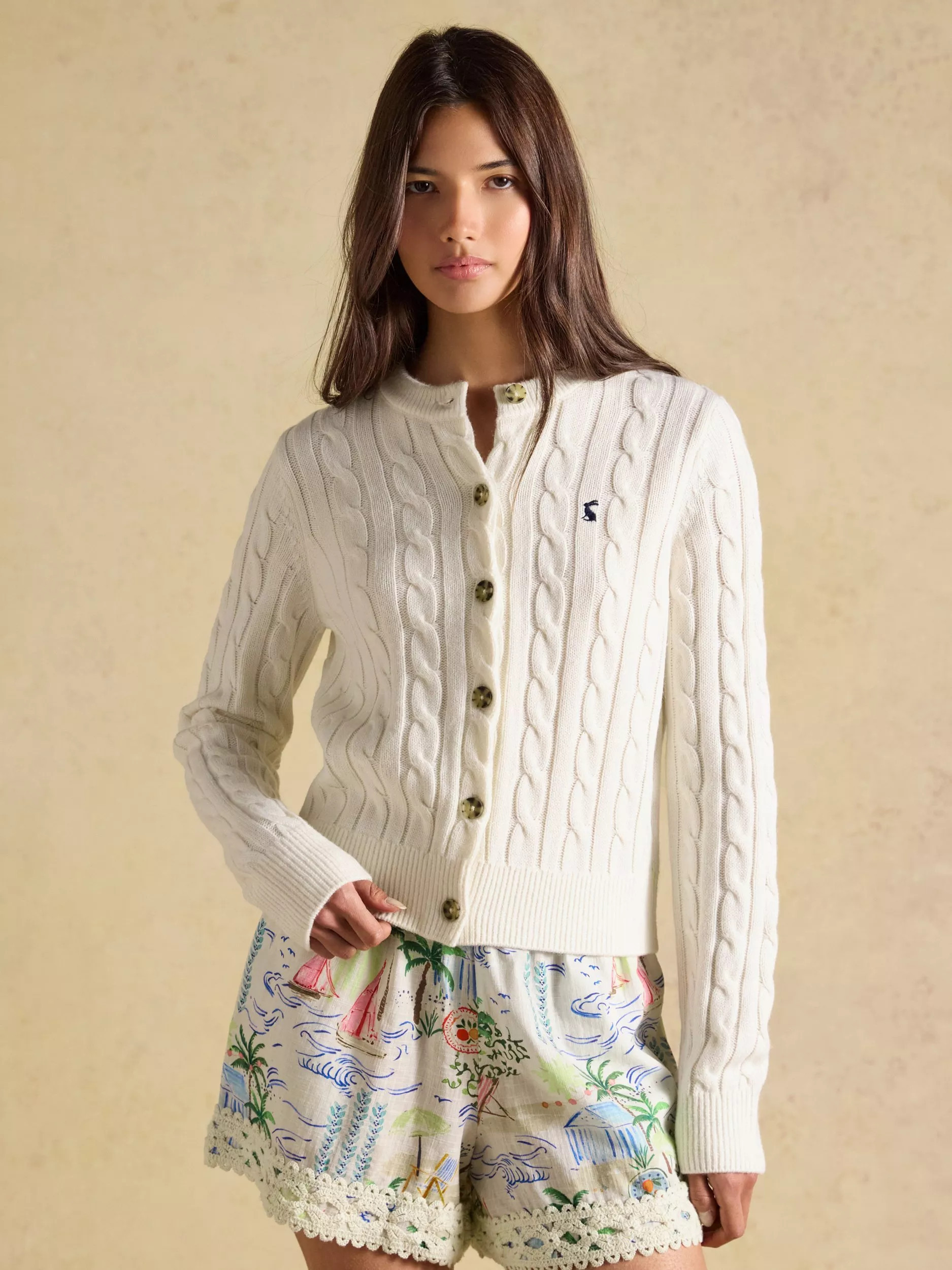 Joules Cable Knitted Crew Neck Cardigan, Cream | John Lewis (UK)