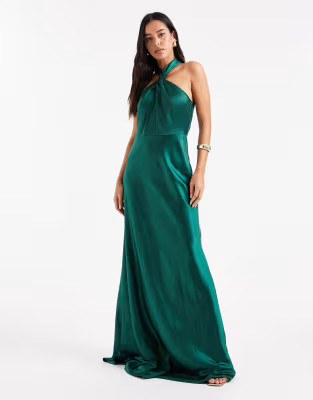 Six Stories Bridesmaid satin twist detail halterneck maxi dress in emerald green | ASOS | ASOS (Global)