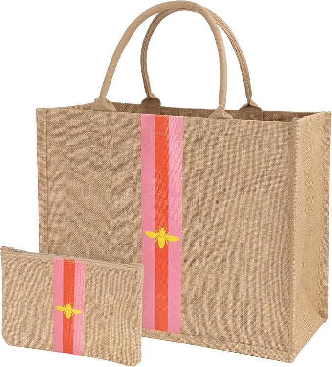 Large Beach Bag Jute Woven Pink and Orange | Amazon (US)