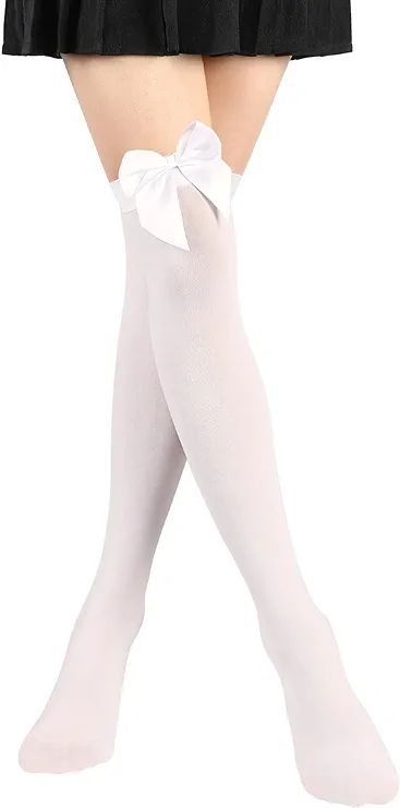 Satin Bow Stockings Women Opaque Thigh High Stockings Over Knee Long Stockings | Amazon (US)
