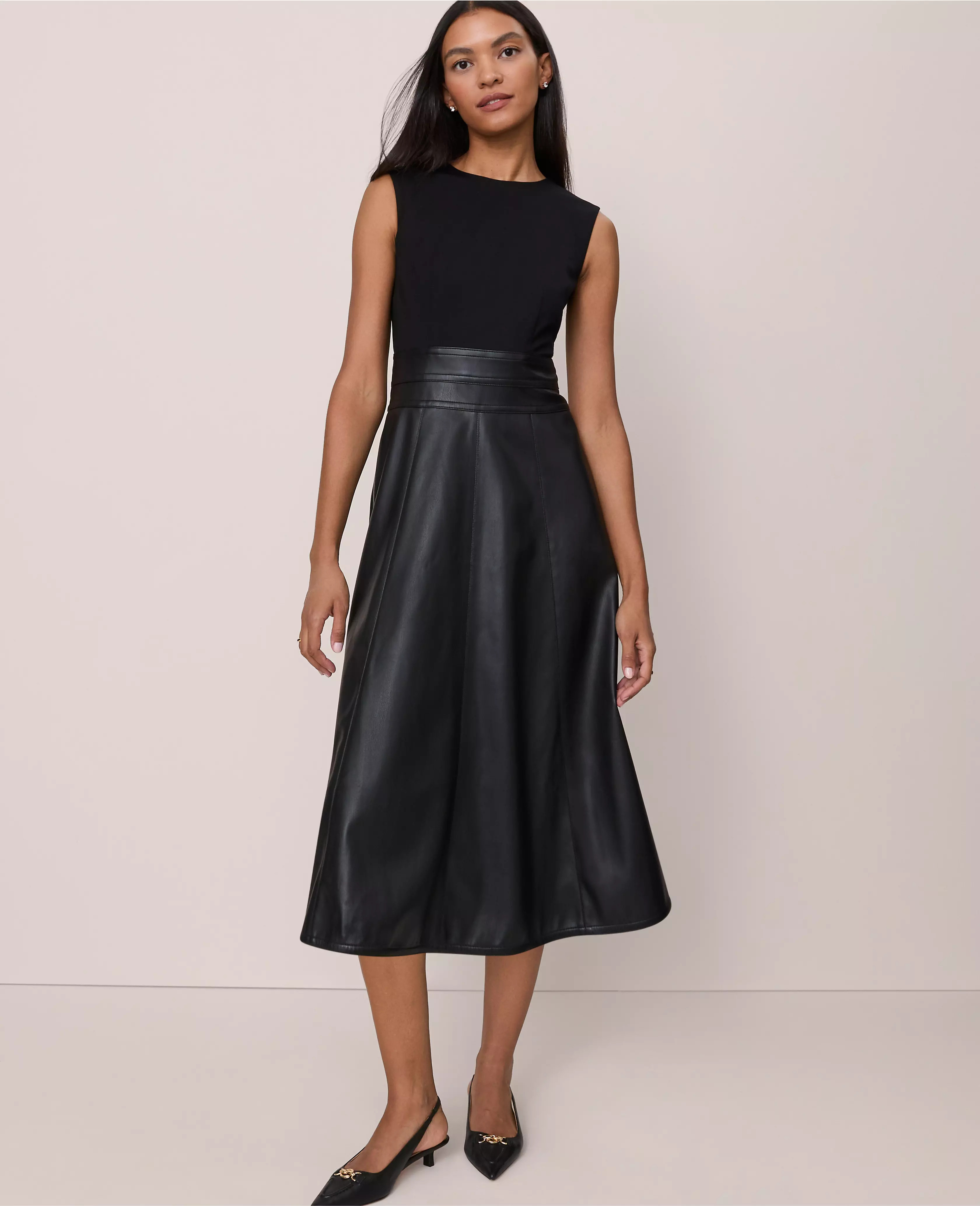 Mixed Media Flare Midi Dress | Ann Taylor