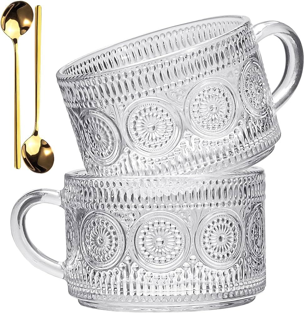 LUECMO Vintage Coffee Tea Cups [2 Pack], 14 oz Glass Tea Coffee Mugs, Clear Embossed Glass Cups f... | Amazon (US)