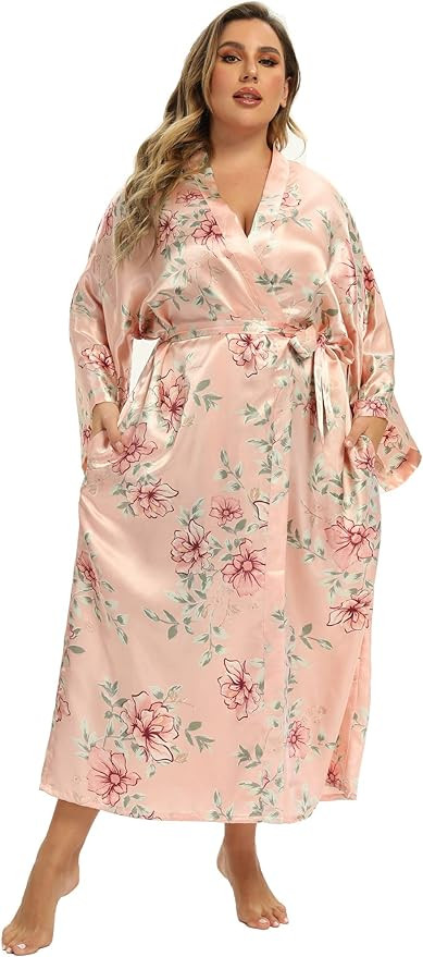 Women's Floral Long Satin Robes Plus Size Long Silk Robes Peacock Floral Kimonos Sleepwear Dressi... | Amazon (US)