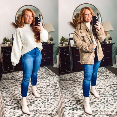 Red dress boutique fall fashion looks! 

White mock neck balloon sleeve sweater in size small 

Jeggings style non distressed denim in size 5, cello brand 

Shacket jacket corduroy in size medium 

 

#LTKtravel #LTKSeasonal #LTKunder50