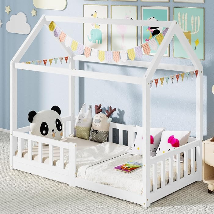 DoCred Crib Size House Floor Bed,Wooden Montessori Bed with Fence and Roof for Kids,Playhouse Cri... | Amazon (US)