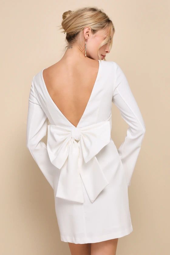 Elegant Cutie Ivory Bow Long Sleeve Backless Mini Dress | Lulus