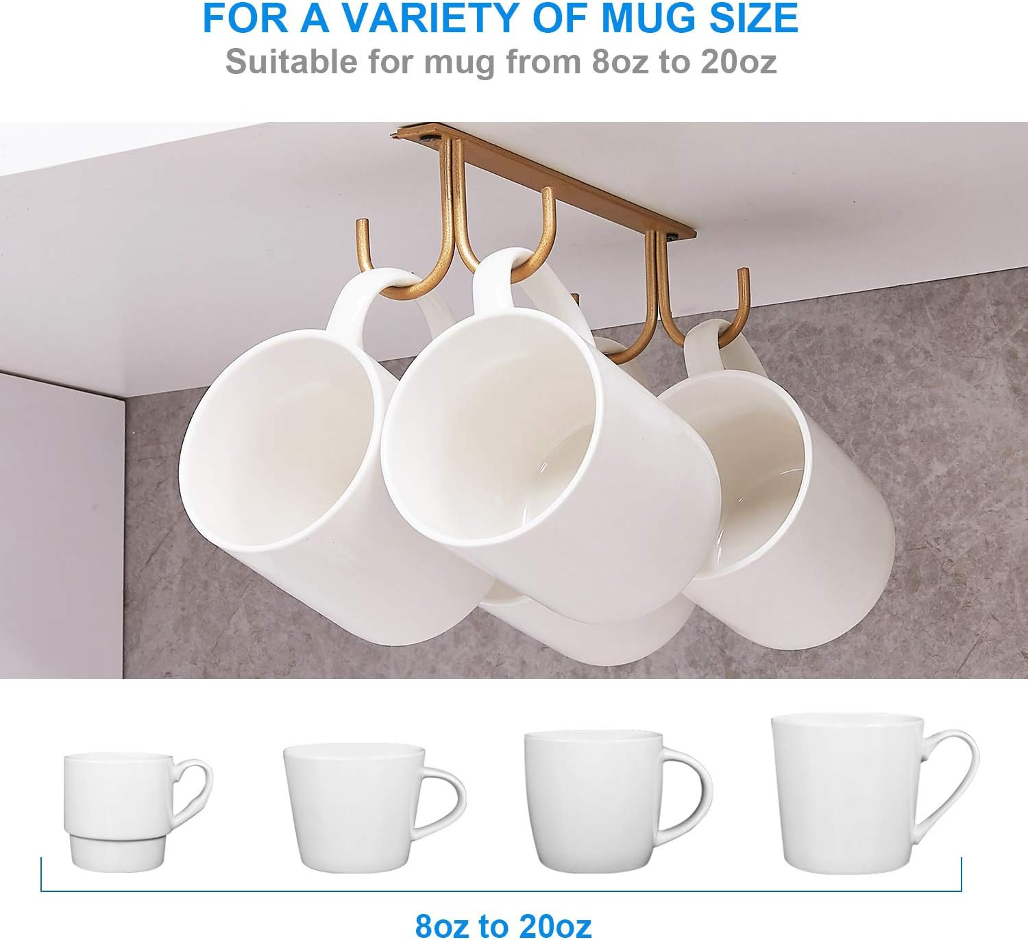 Mug Rack Under Cabinet - Coffee Cup Holder, 12 Mugs Hooks Under Shelf, Display Hanging Cups Dryin... | Amazon (US)