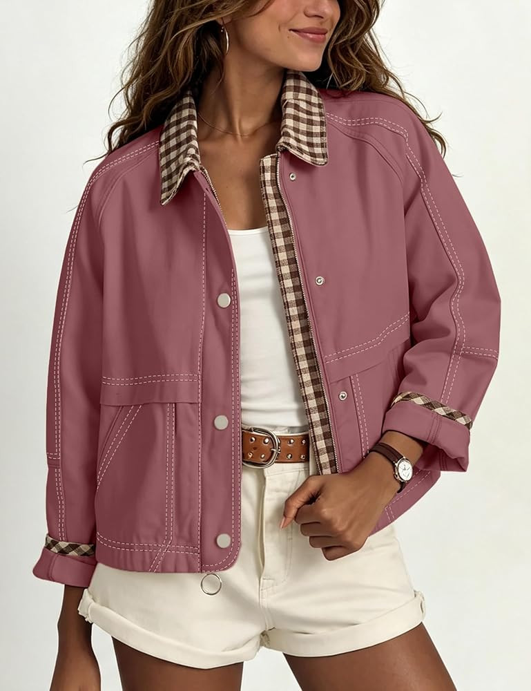 Aimiray Women's Barn Cropped Jackets Casual Plaid Bomber Coat | Amazon (US)