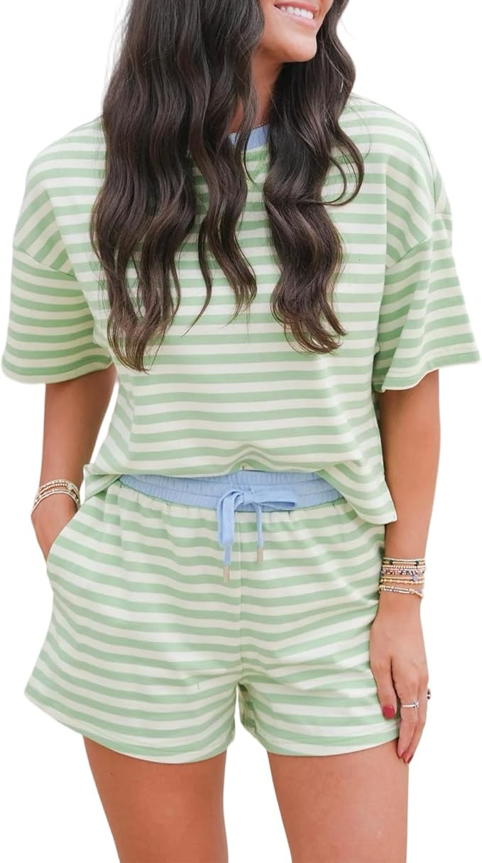 Colorful world Two Piece Sets for Women Striped Shorts Sets Short Sleeve Crew Neck Tops High Wais... | Amazon (US)