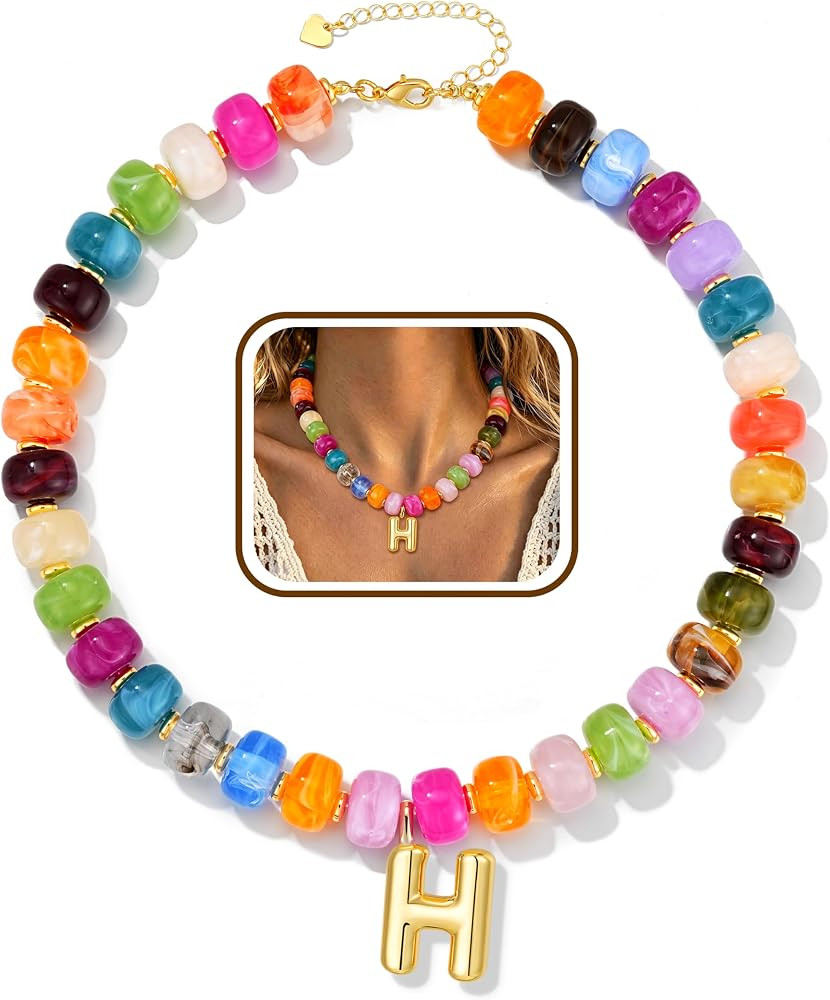 Initial Chunky Beaded Necklaces for Women Non Tarnish Colorful Beaded Bubble Letter Choker Boho S... | Amazon (US)