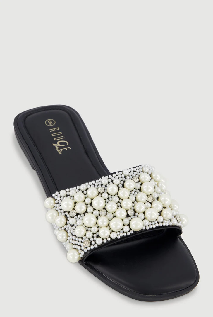 Faux Pearl Rhinestone Studded Slide Sandals | Rainbow Shops