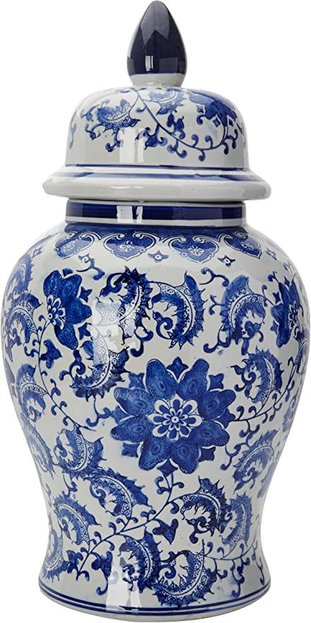 Oriental Furniture 18" Floral Blue & White Porcelain Temple Jar | Amazon (US)