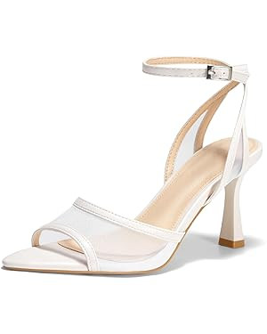 Coutgo Womens Mesh Kitten Heels Sandals Pointed Open Toe Ankle Buckle Strap Summer Dress Shoes | Amazon (US)