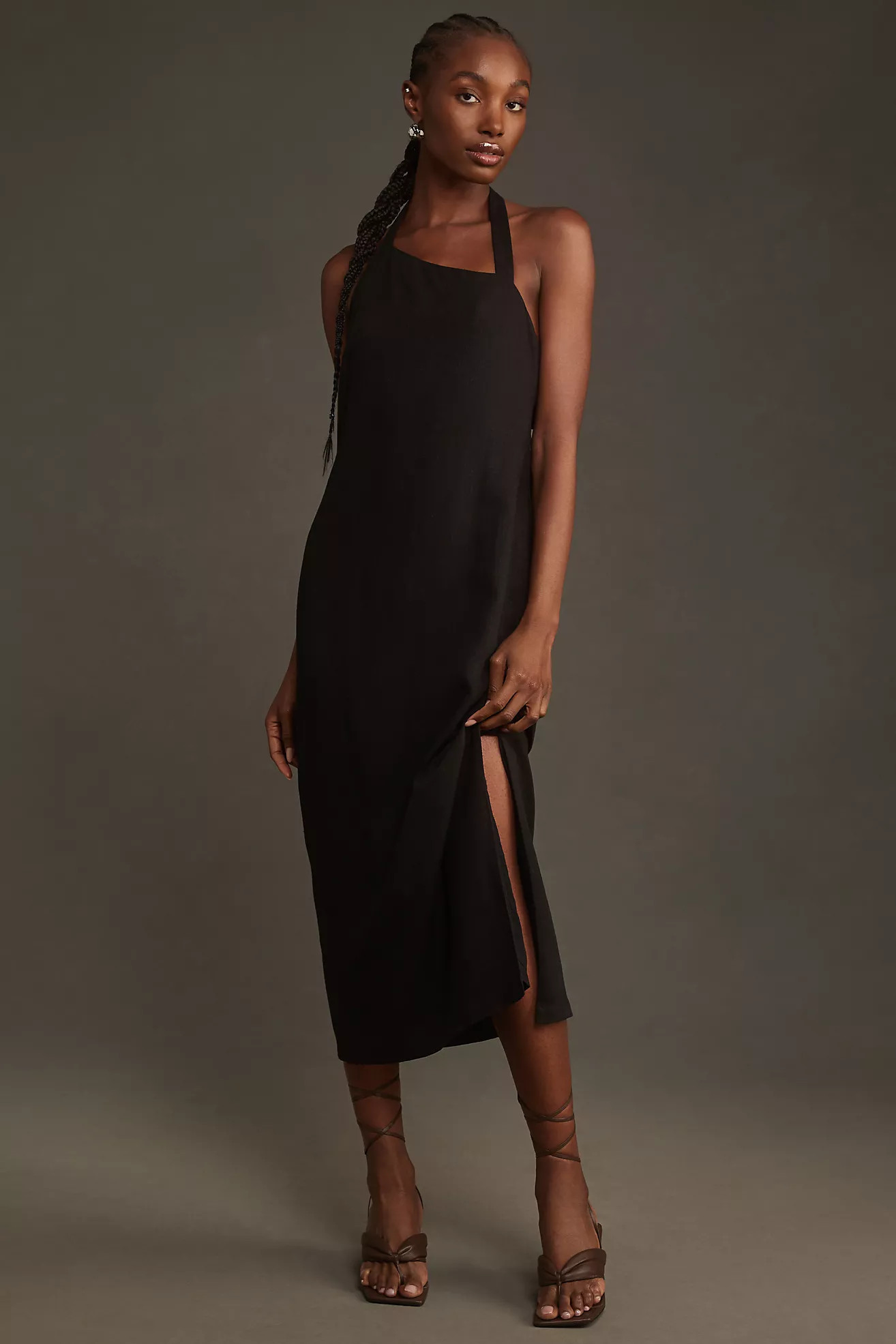 By Anthropologie Linen Asymmetrical Halter Belt Back Column Midi Dress | Anthropologie (US)