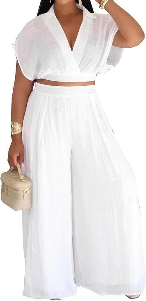 Women's Casual Linen 2 Piece Outfits Wrap V Neck Crop Top and Wide Leg Pants Sets Vacation Summer... | Amazon (US)
