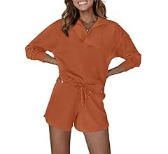 MEROKEETY Women's 2 Piece Waffle Knit Lounge Sets Long Sleeve Shorts Outfits Pjs with Pockets | Amazon (US)