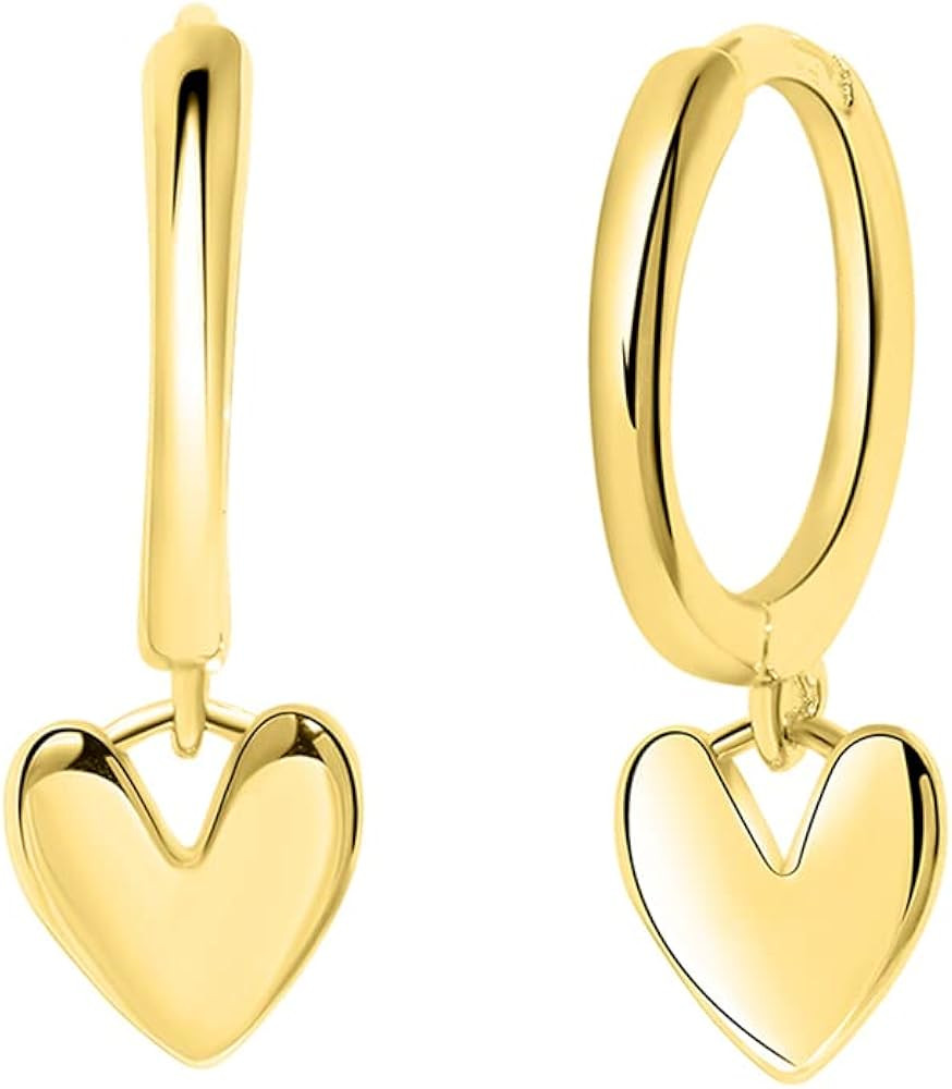 Wicary Tiny 14K Gold Plated 925 Sterling Silver Huggie Earrings with Heart Dangle Earrings Hoop E... | Amazon (US)
